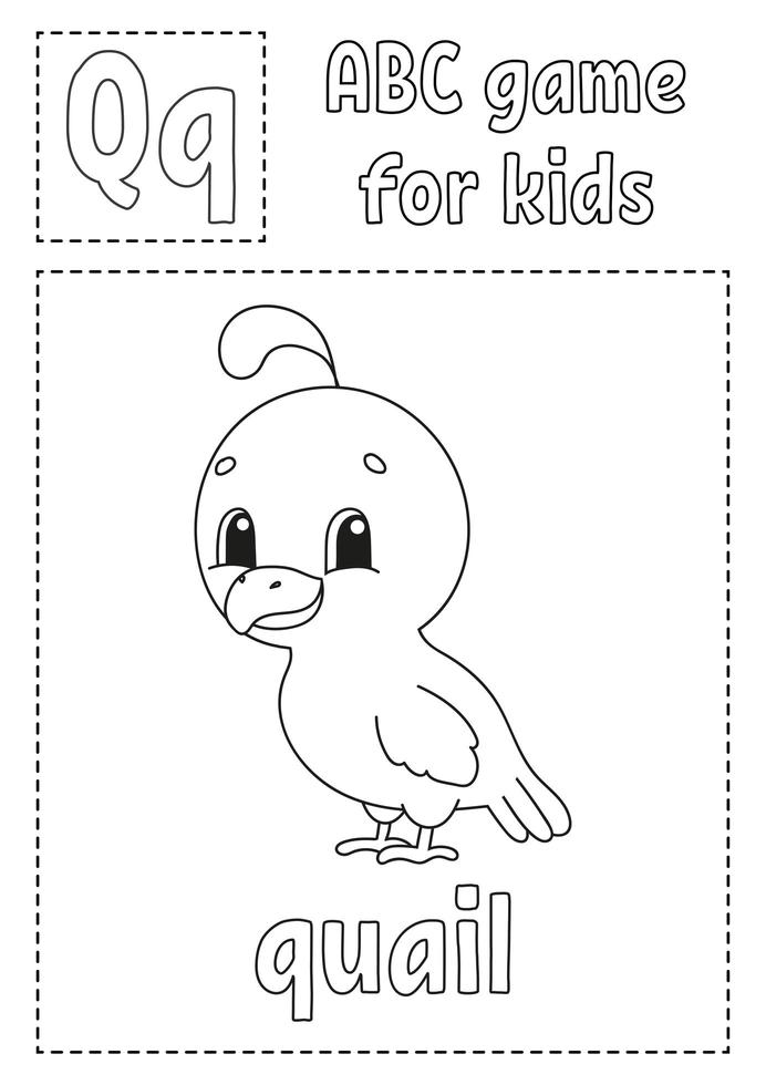 jeu abc pour les enfants. page de coloriage de l'alphabet. personnage de dessin animé. mot et lettre. illustration vectorielle. vecteur