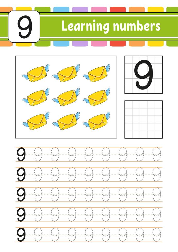 numéro 9. tracer et écrire. pratique de l'écriture manuscrite. apprendre les nombres pour les enfants. feuille de travail de développement de l'éducation. page d'activité. jeu pour les tout-petits. illustration vectorielle isolée dans un style dessin animé mignon. vecteur