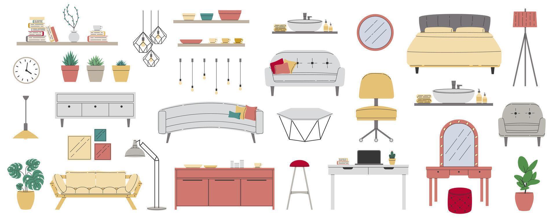 ensemble de meubles pour moderne Accueil intérieur conception. collection branché maison décor, canapé, chaise, fauteuil, lit, chevet tableau, table dans plat style. appartement pièce articles. vecteur illustration