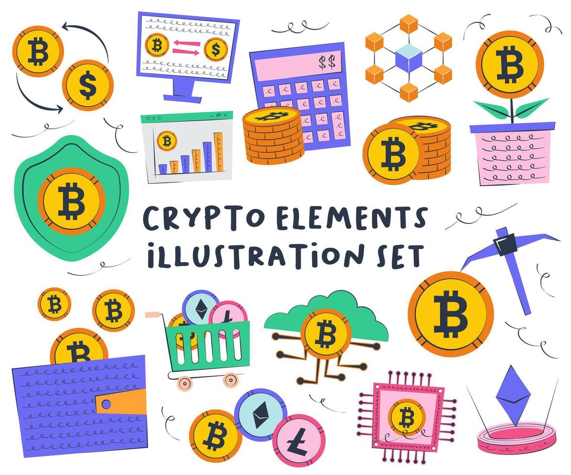 bitcoin crypto éléments illustration ensemble vecteur