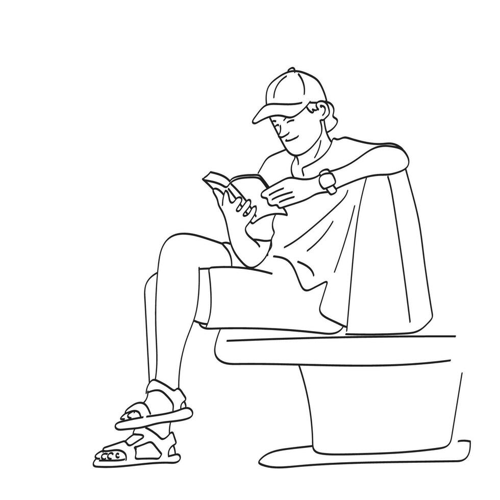 homme avec casquette en train de lire livre illustration vecteur main tiré isolé sur blanc Contexte