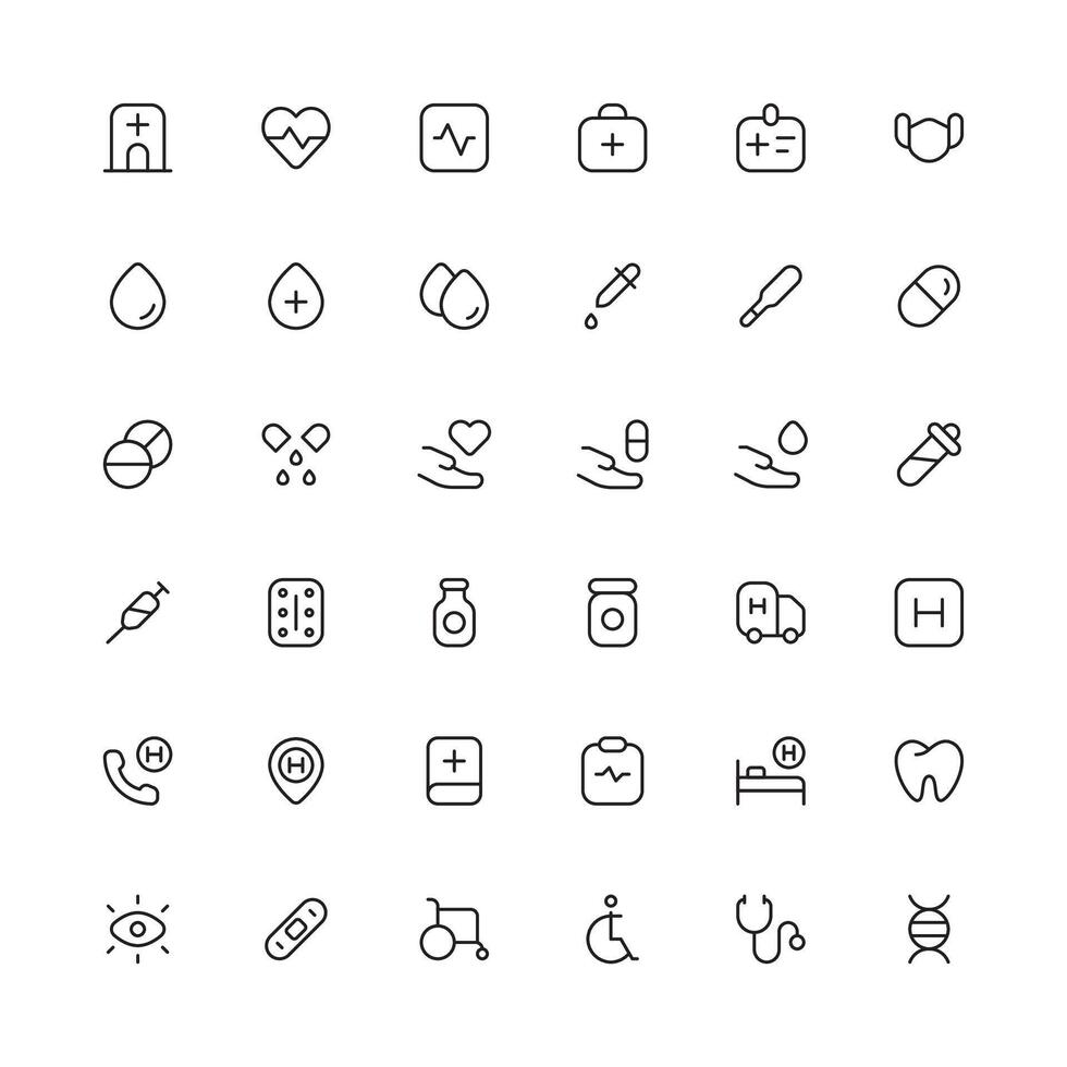mince ligne Icônes ensemble de hôpital et médical se soucier. modifiable vecteur. vecteur