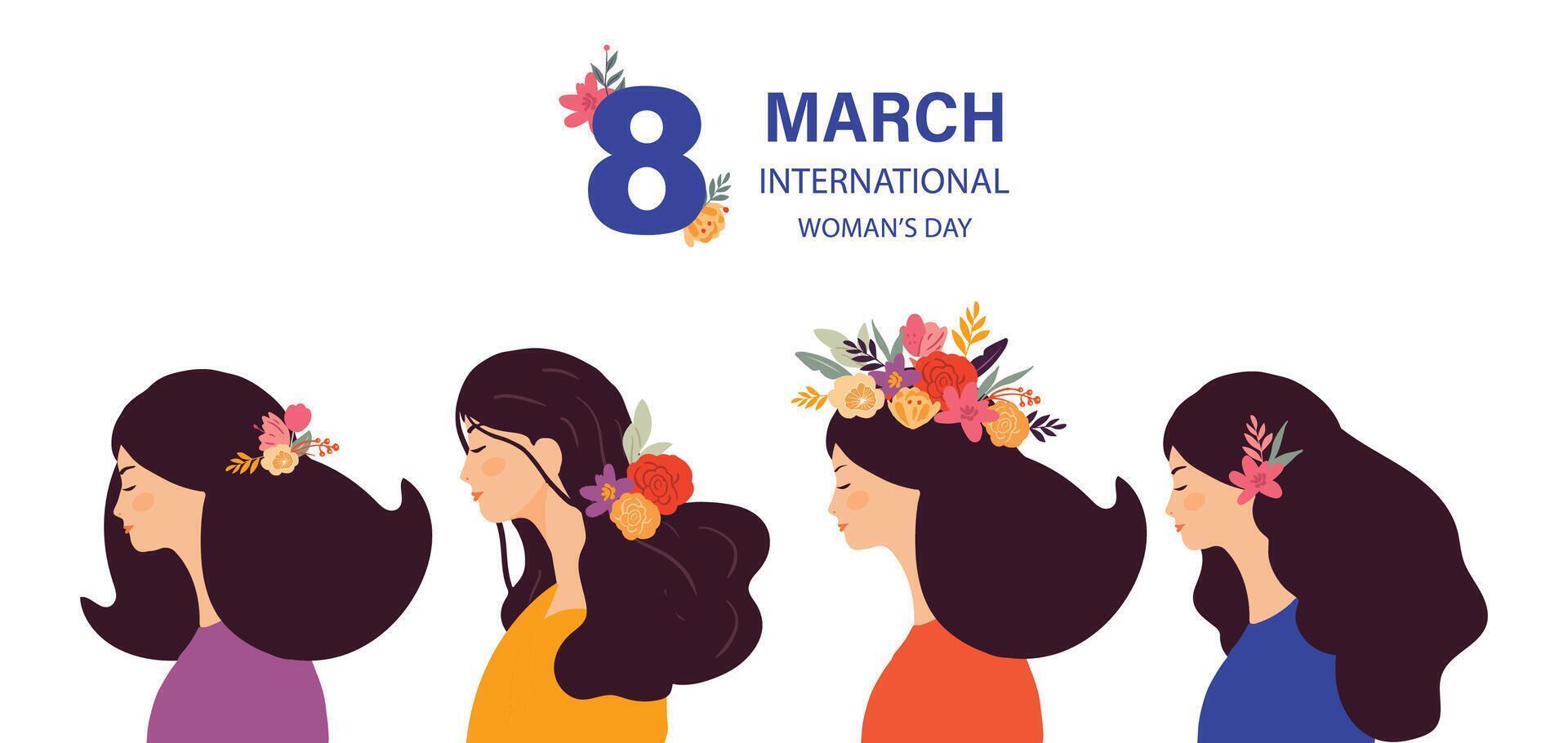 international femmes journée avec visage et cheveux utilisation pour horizontal bannière conception vecteur