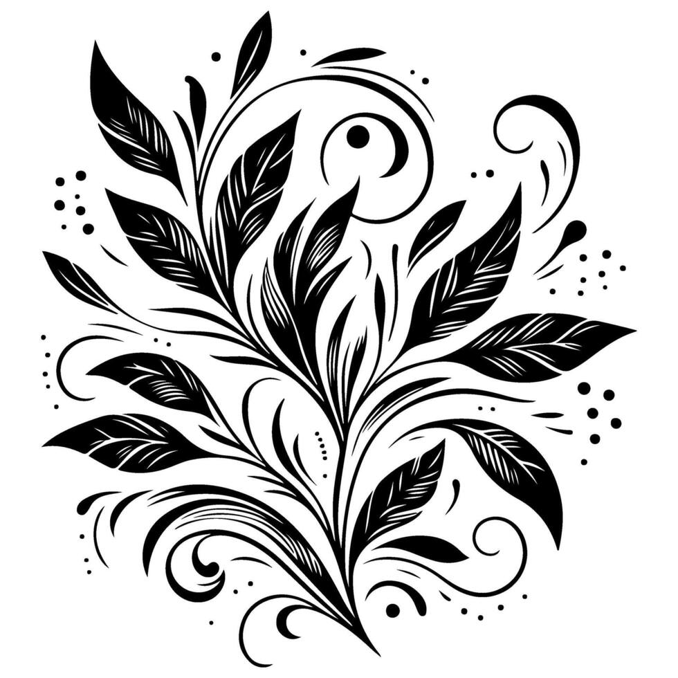 ai généré main dessiner de magnifique floral ornement avec feuilles et abstrait noir lignes monochrome contour fleur. floral conception élément vecteur