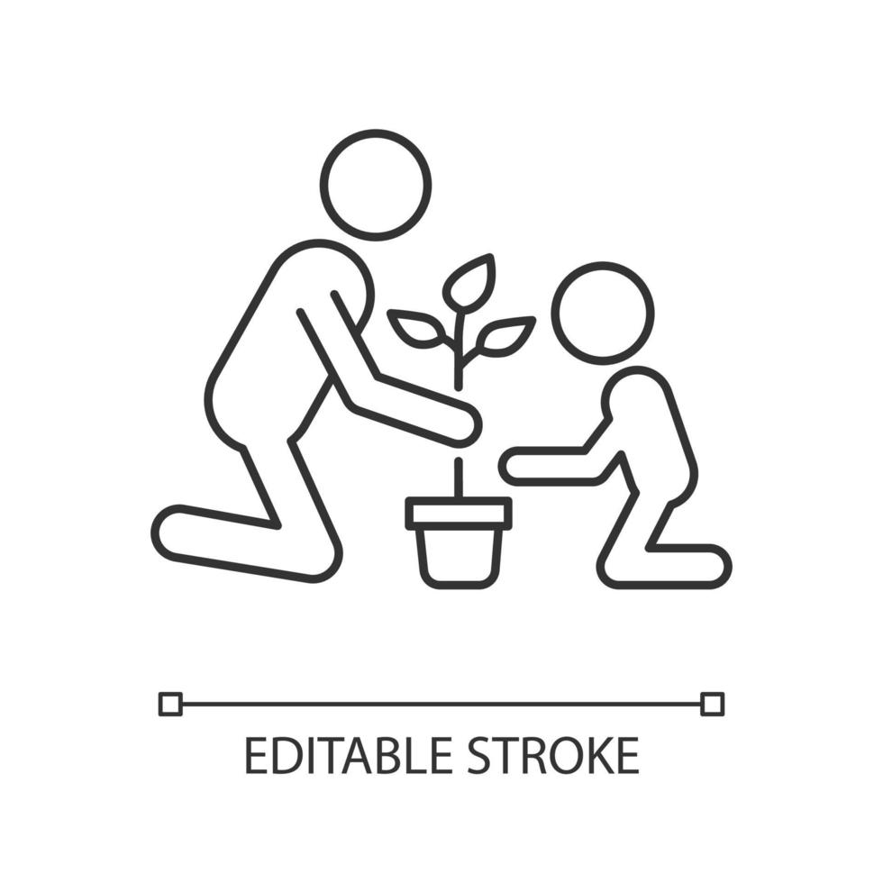 plantation de fleur avec icône linéaire enfant. expérience de jardinage avec les enfants. planter des graines ensemble. illustration personnalisable de fine ligne. symbole de contour. dessin de contour isolé de vecteur. trait modifiable vecteur