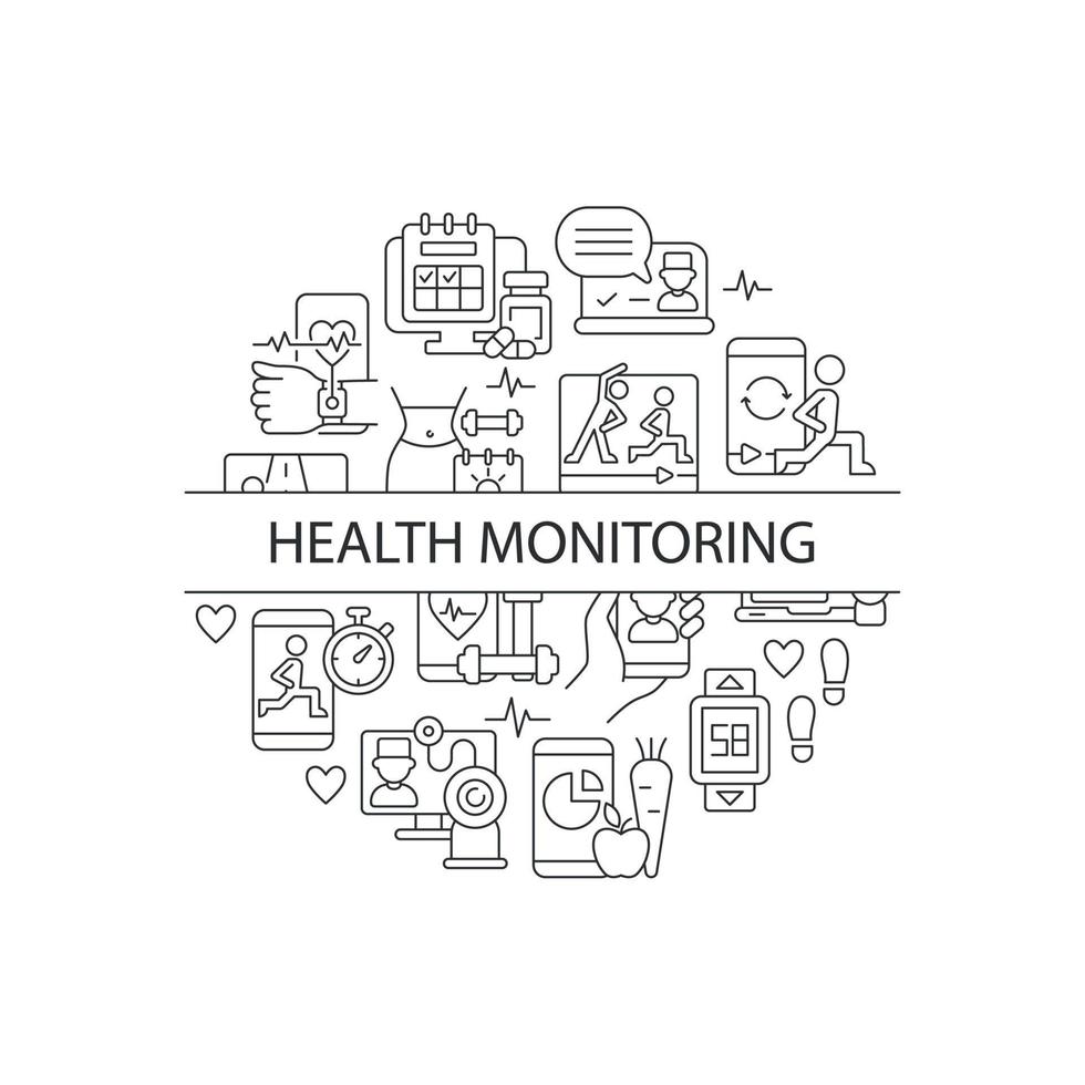 mise en page de concept linéaire abstrait de surveillance de la santé avec titre. appeler avec un médecin. Idée minimaliste de suivi de la condition physique. dessins graphiques en ligne mince. icônes de contour de vecteur isolé pour le fond