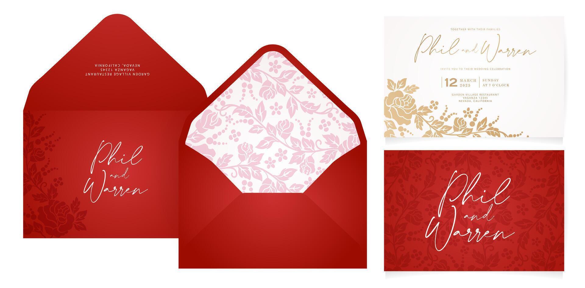 vecteur illustration rouge et or mariage invitation enveloppe ensemble avec une floral fleur Rose conception pour papeterie, mises en page, collages, scène conception, un événement prospectus, vacances fête cartes papier impression