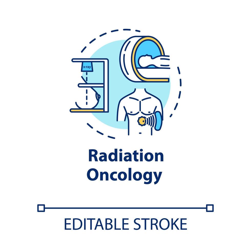 icône de concept de radio-oncologie. diagnostic et traitement du cancer. thérapie tumorale. illustration de ligne mince idée de radiothérapie. dessin de couleur rvb contour isolé vectoriel. trait modifiable vecteur