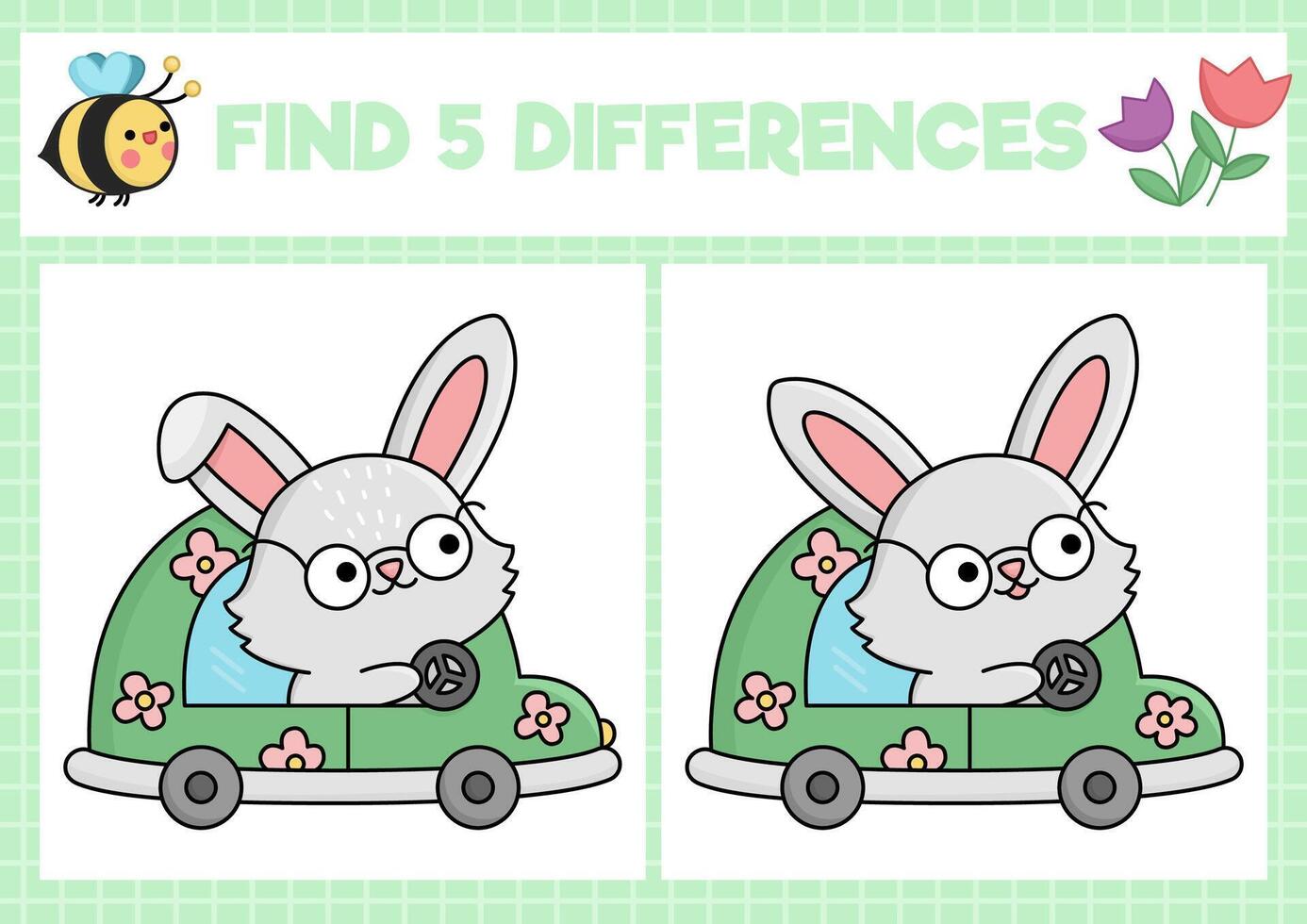 Pâques kawaii trouver différences Jeu pour les enfants. attention compétences activité avec mignonne lapin conduite vert auto. printemps vacances puzzle pour enfants. imprimable quoi est différent feuille de travail vecteur