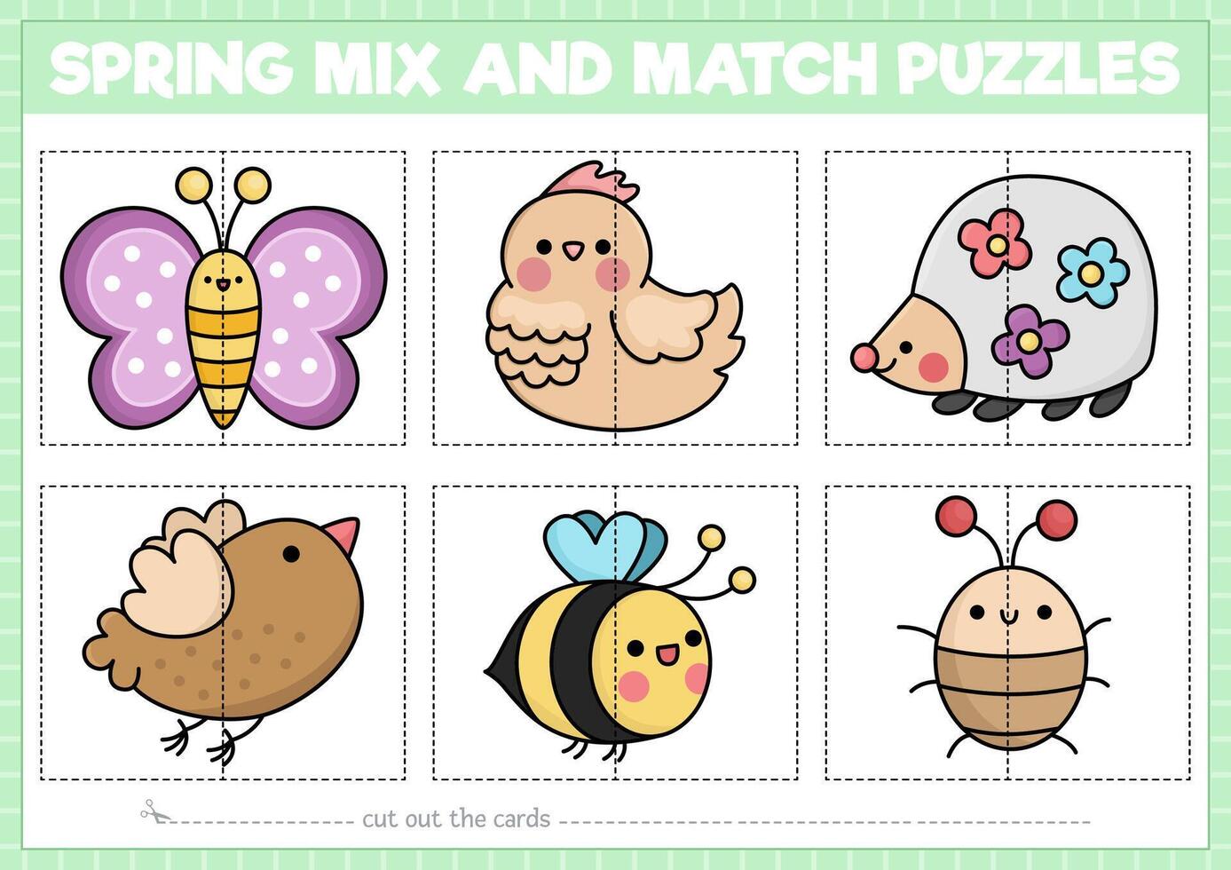 vecteur ferme ou jardin mélanger et rencontre puzzle avec mignonne kawaii animaux. correspondant à printemps activité pour préscolaire enfants. éducatif Pâques Jeu avec poule, hérisson, papillon, abeille, oiseau