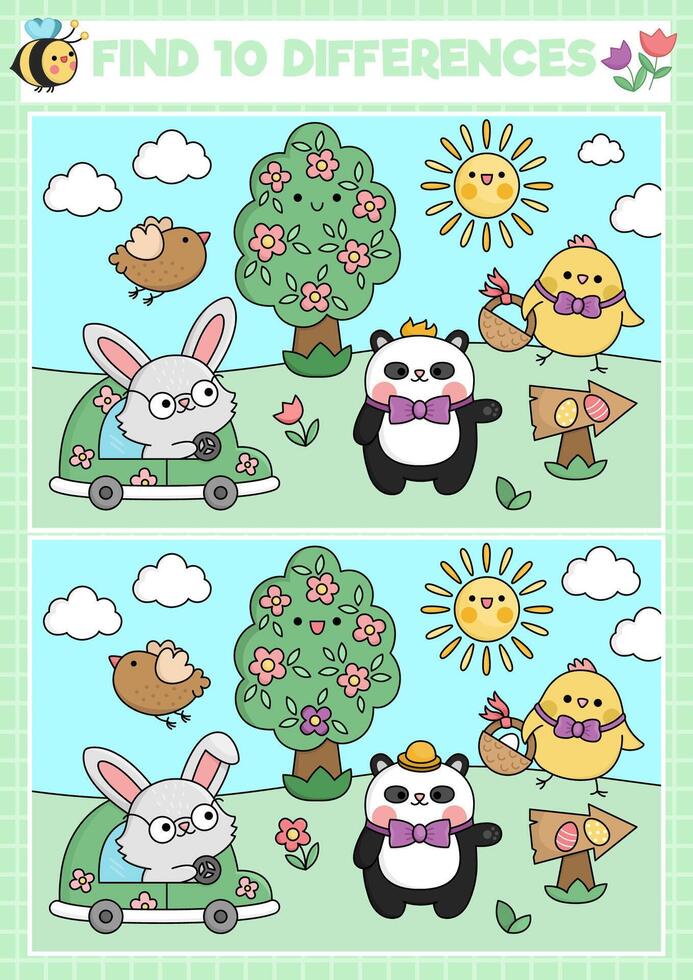 Pâques kawaii trouver différences Jeu pour les enfants. attention compétences activité avec mignonne lapin et poussin Aller sur Oeuf chasse. printemps vacances puzzle pour enfants. imprimable quoi est différent feuille de travail vecteur