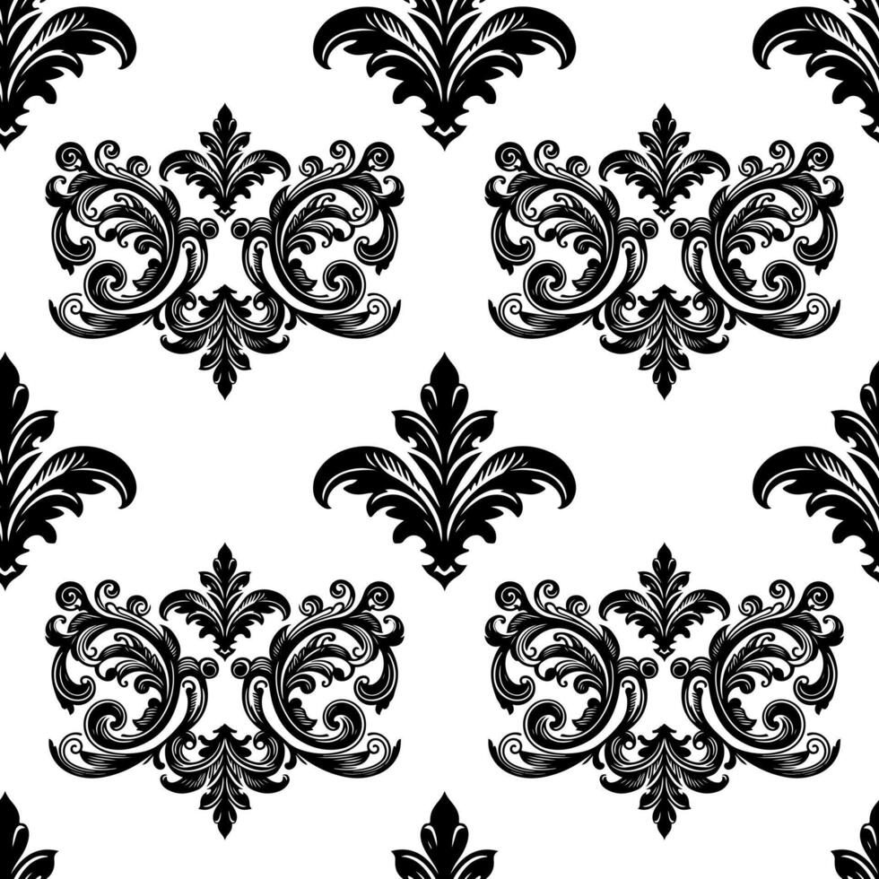 damassé en tissu textile sans couture modèle luxe décoratif ornemental floral diviseur noir ligne ancien décoration élément blanc Contexte. rideau, tapis, fond d'écran, vêtements, emballage, textile vecteur