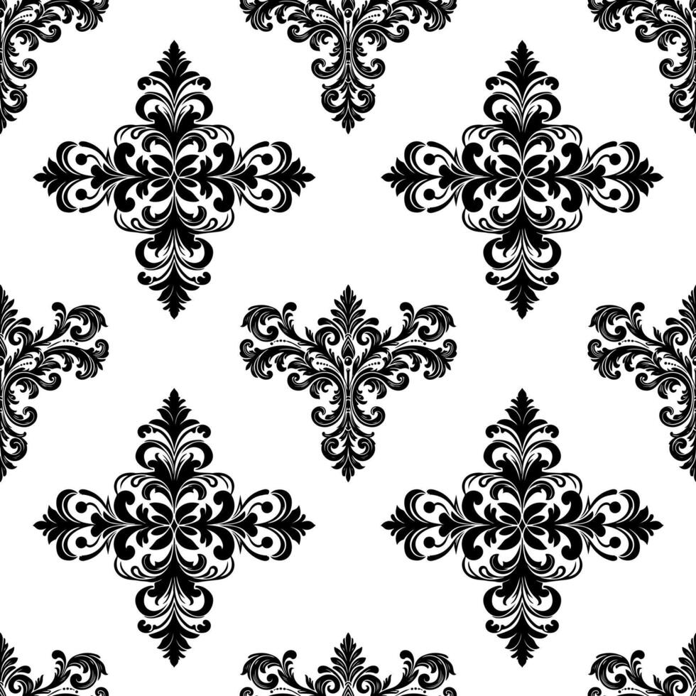 damassé en tissu textile sans couture modèle luxe décoratif ornemental floral diviseur noir ligne ancien décoration élément blanc Contexte. rideau, tapis, fond d'écran, vêtements, emballage, textile vecteur