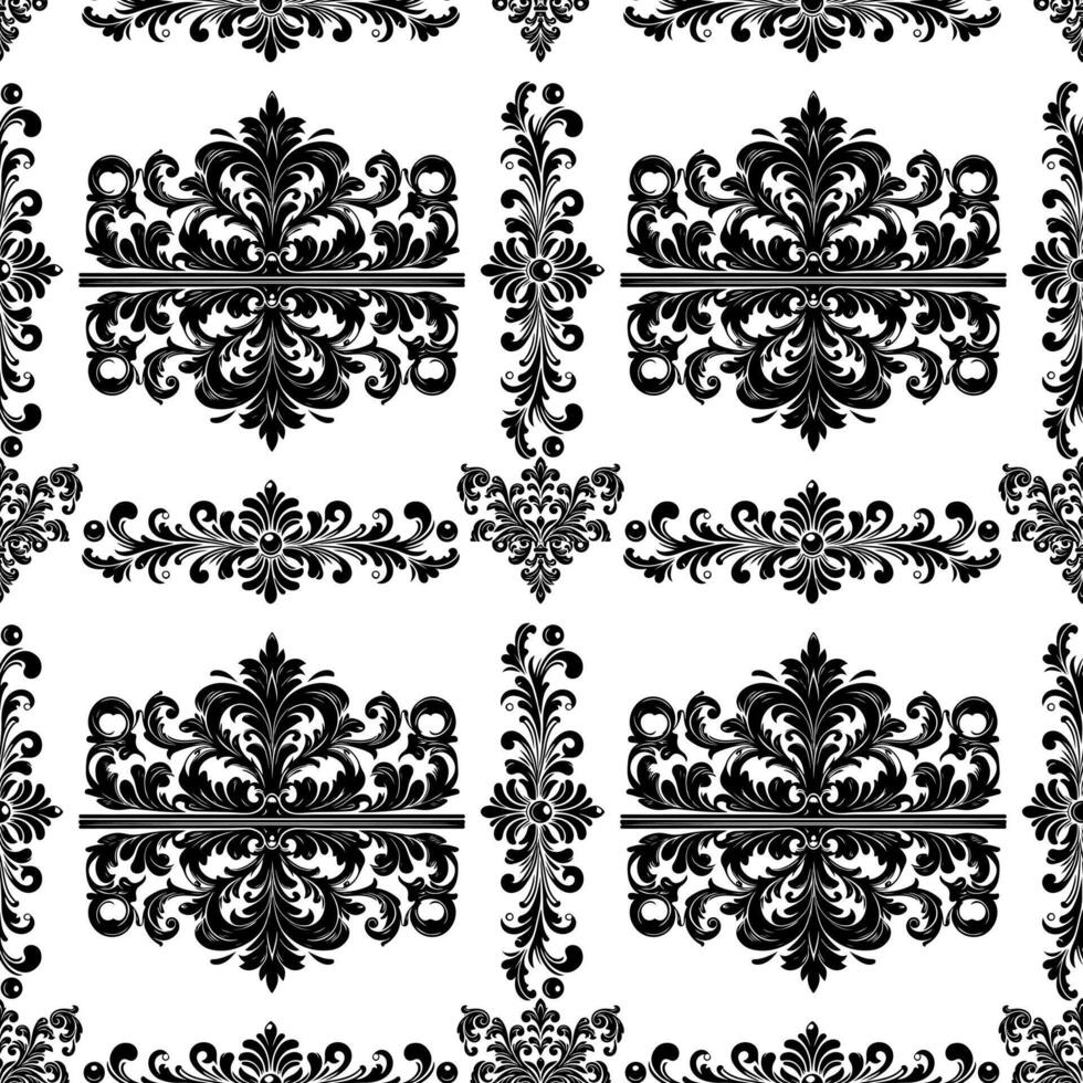 damassé en tissu textile sans couture modèle luxe décoratif ornemental floral diviseur noir ligne ancien décoration élément blanc Contexte. rideau, tapis, fond d'écran, vêtements, emballage, textile vecteur