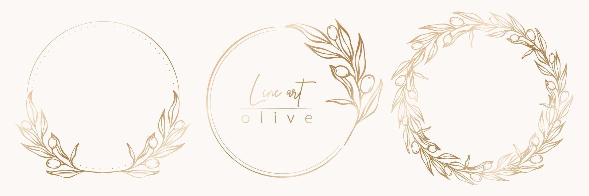 botanique ligne illustration ensemble de olive feuilles, branche couronne pour mariage invitation et cartes, logo conception, la toile, social médias et affiches modèle. élégant minimal style floral vecteur isolé.