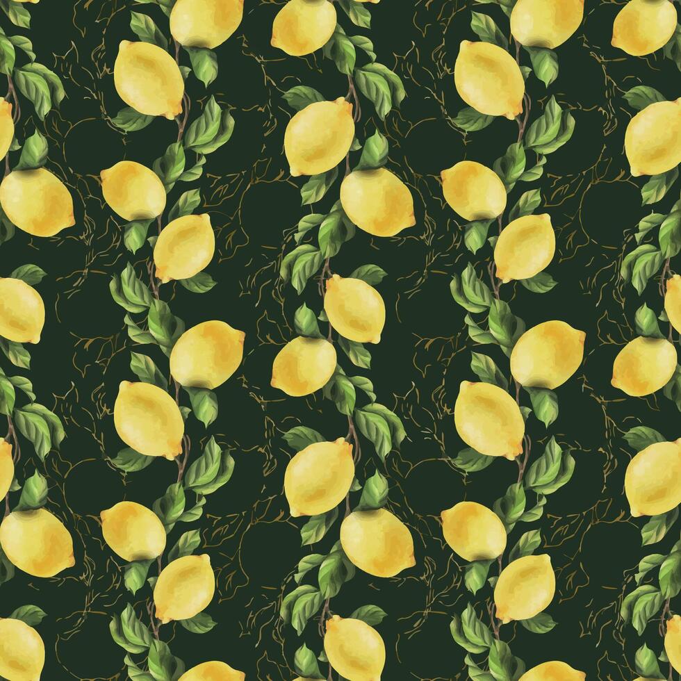 citrons sont jaune, juteux, mûr avec vert feuilles, fleur bourgeons sur le branches, entier et tranches. aquarelle, main tiré botanique illustration. sans couture modèle sur une vert Contexte vecteur eps