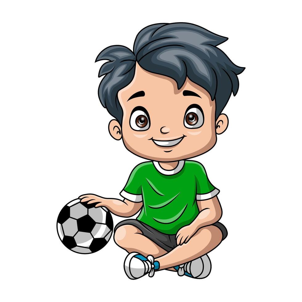 mignonne peu garçon dessin animé avec football Balle vecteur