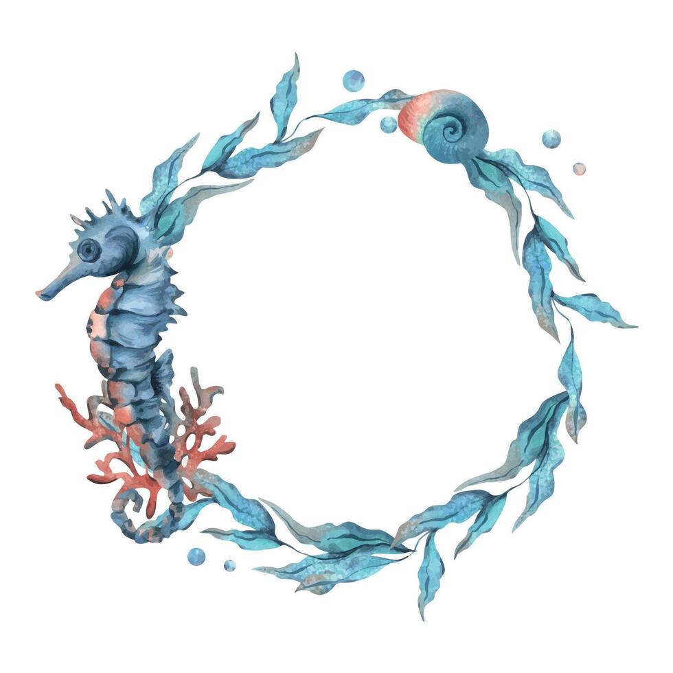 sous-marin monde clipart avec mer animaux hippocampe, coquilles, corail et algues. main tiré aquarelle illustration. cercle couronne, Cadre isolé de le Contexte vecteur