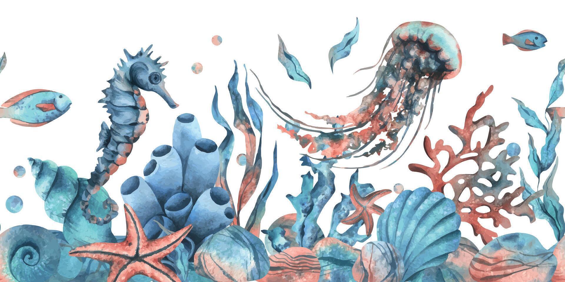 sous-marin monde clipart avec mer animaux baleine, tortue, pieuvre, hippocampe, étoile de mer, coquilles, corail et algues. main tiré aquarelle illustration. sans couture frontière isolé de le Contexte vecteur