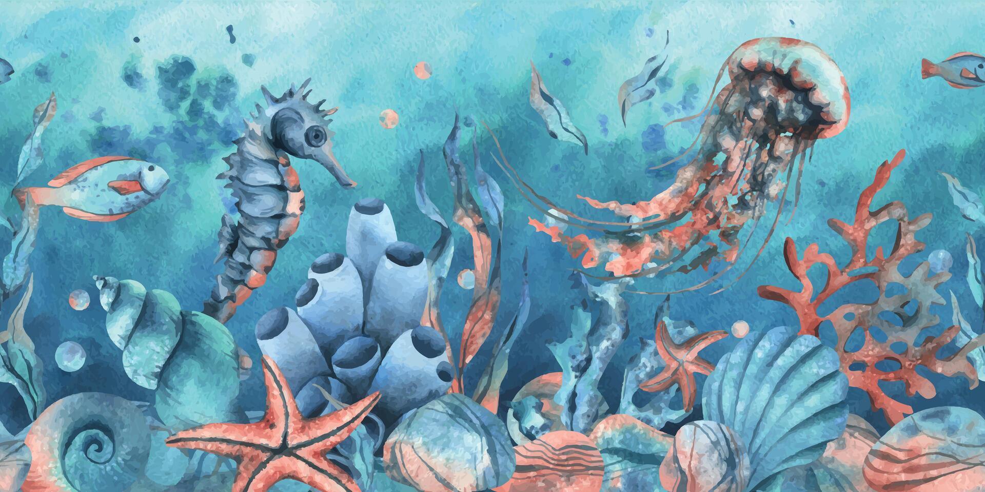 sous-marin monde clipart avec mer animaux baleine, tortue, pieuvre, hippocampe, étoile de mer, coquilles, corail et algues. main tiré aquarelle illustration. sans couture frontière sur une Marin Contexte vecteur