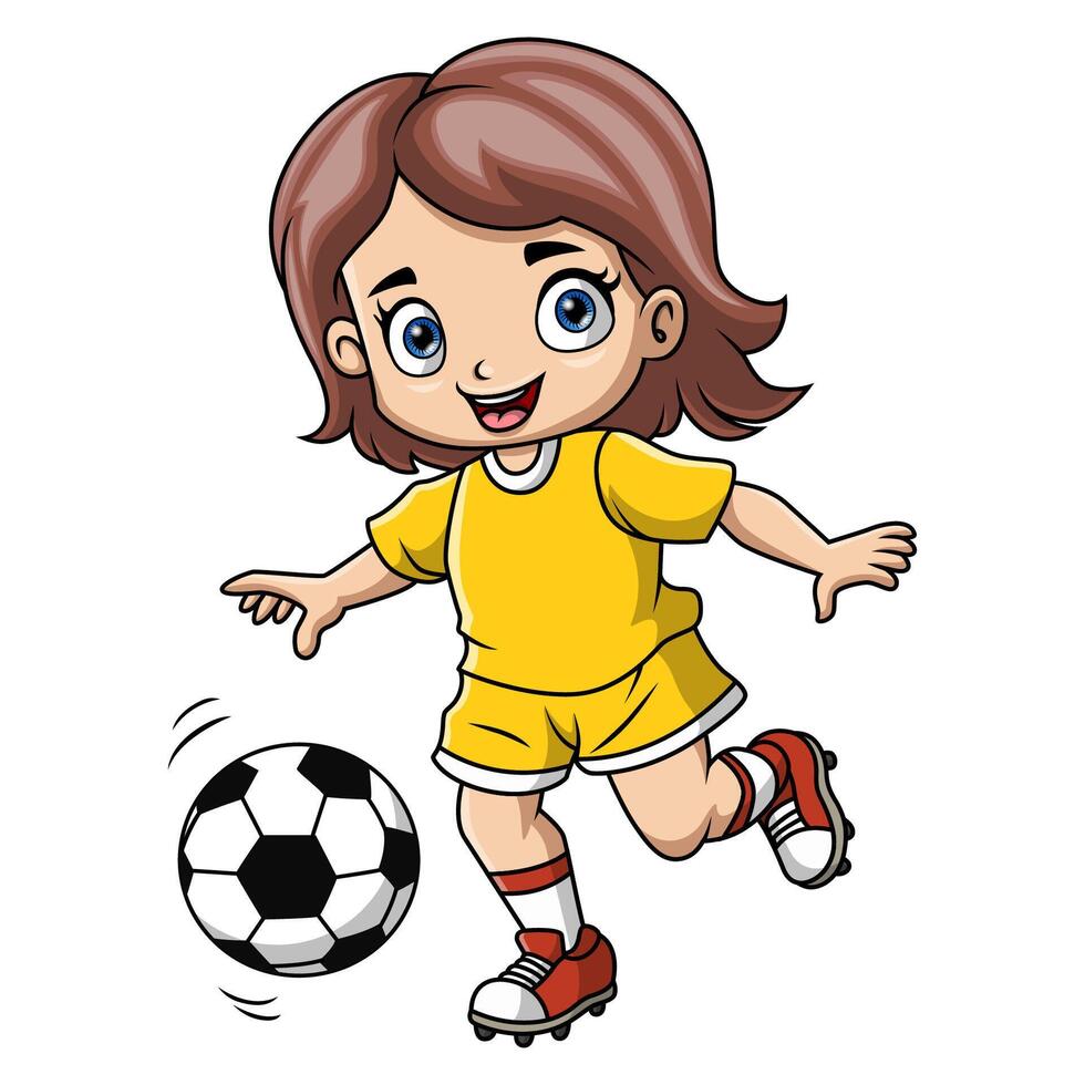 mignonne peu fille dessin animé en jouant Football vecteur