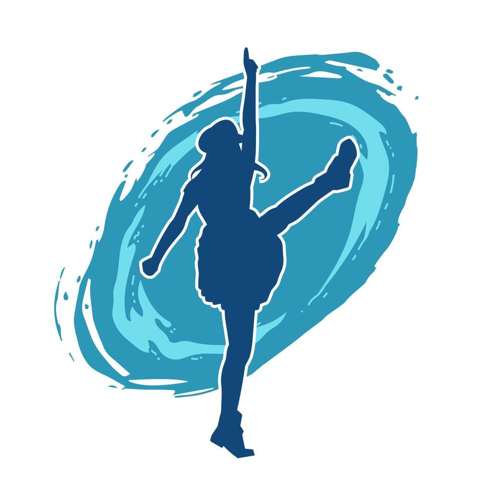 silhouette de une femelle Danseur portant mini jupe dans action pose. silhouette de une svelte femme dansant Heureusement. vecteur