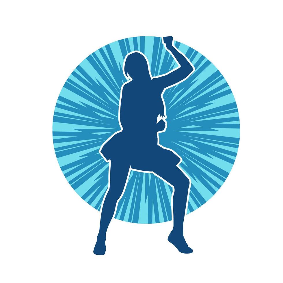 silhouette de une femelle Danseur portant mini jupe dans action pose. silhouette de une svelte femme dansant Heureusement. vecteur