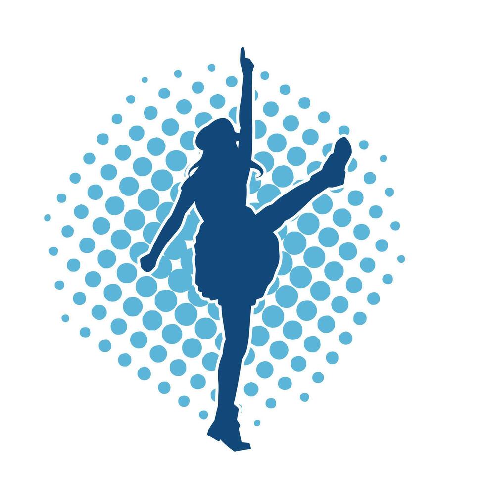 silhouette de une femelle Danseur portant mini jupe dans action pose. silhouette de une svelte femme dansant Heureusement. vecteur