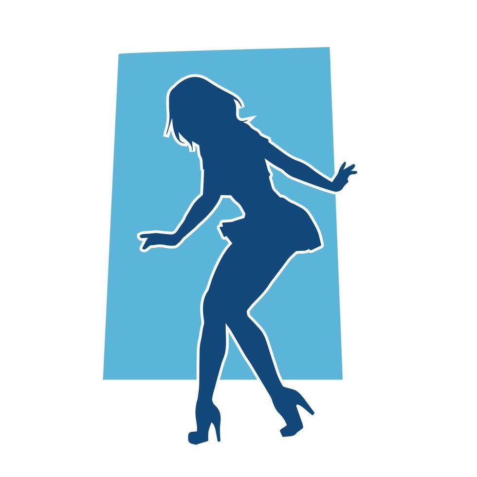 silhouette de une femelle Danseur portant mini jupe dans action pose. silhouette de une svelte femme dansant Heureusement. vecteur