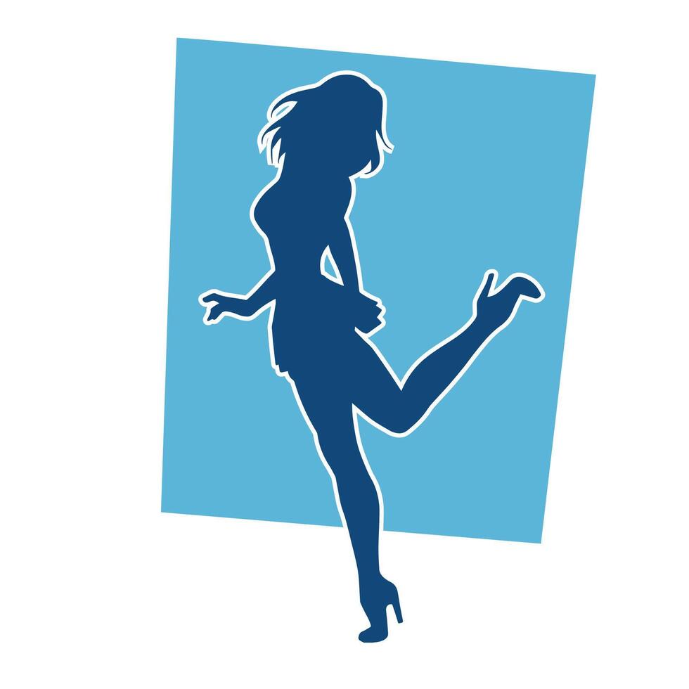 silhouette de une femelle Danseur portant mini jupe dans action pose. silhouette de une svelte femme dansant Heureusement. vecteur