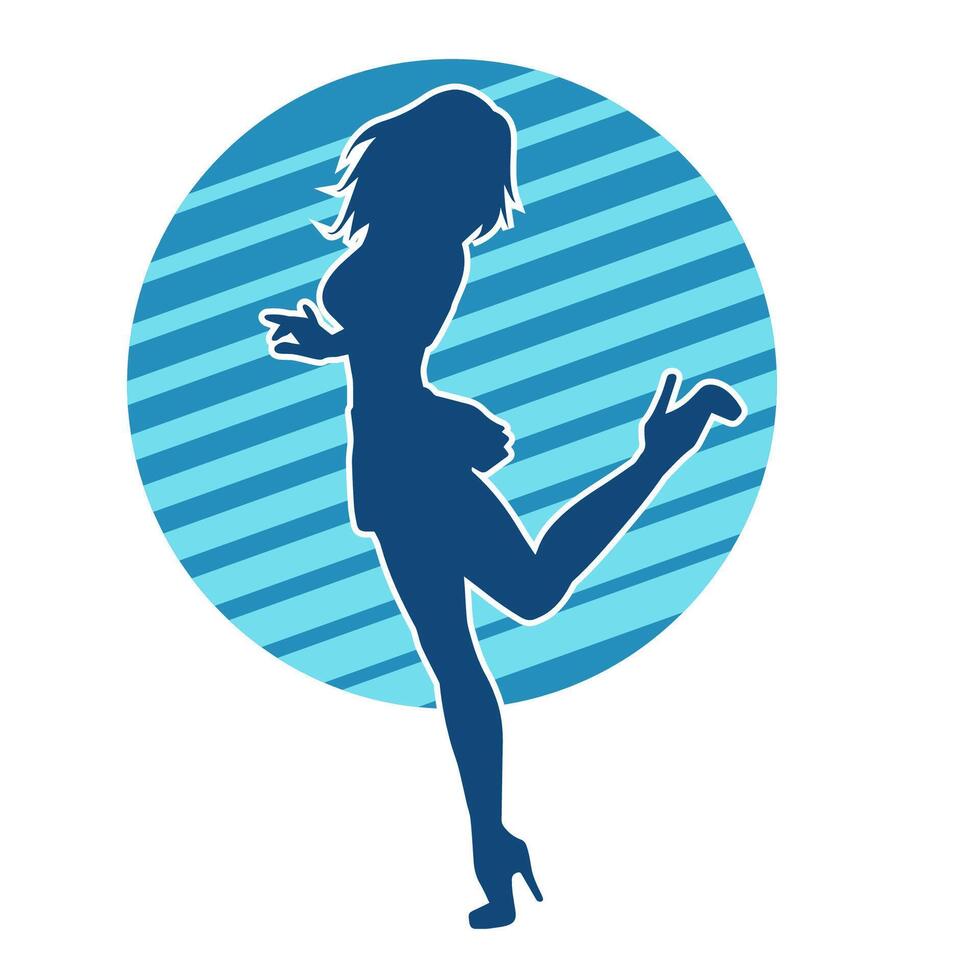 silhouette de une femelle Danseur portant mini jupe dans action pose. silhouette de une svelte femme dansant Heureusement. vecteur