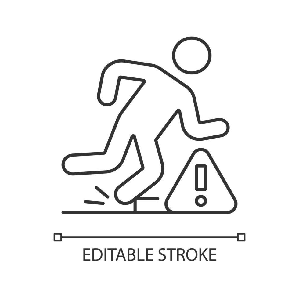 icône d'étiquette manuelle linéaire de dangers de trébuchement. précautions contre les chutes. illustration personnalisable de fine ligne. symbole de contour. dessin vectoriel isolé pour les instructions d'utilisation du produit. trait modifiable