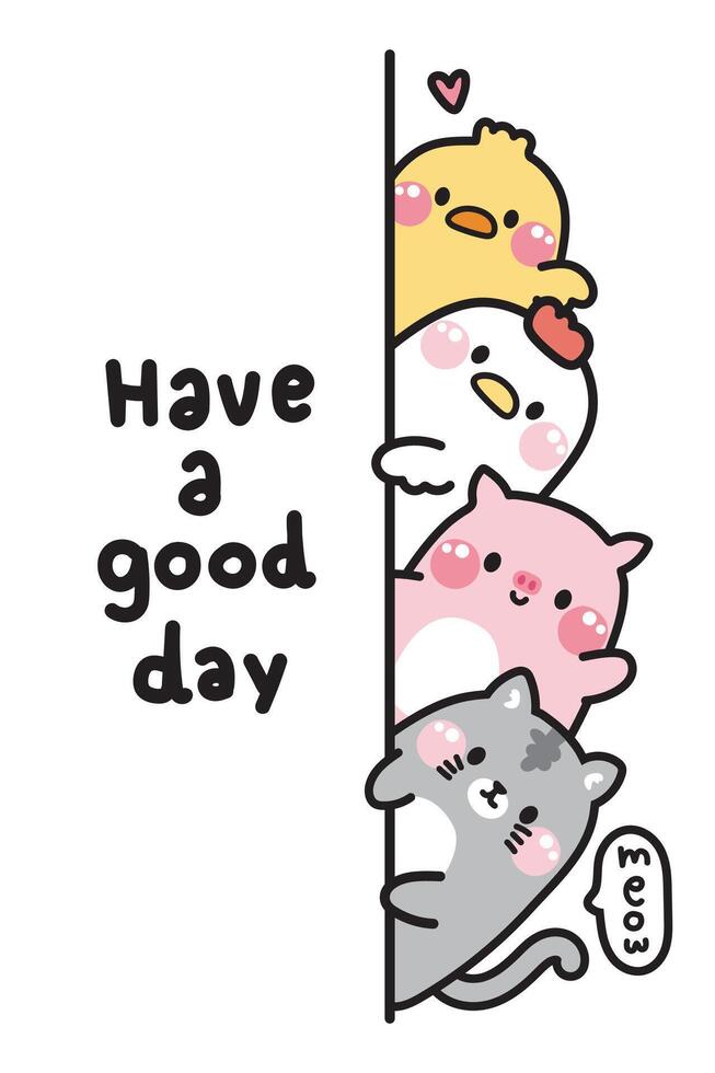 mignonne animaux cacher à le mur avec avoir une agréable bien journée text.peeking.greeting.cat, cochon, poule, poussin main dessiné.pet et ferme animal personnage dessin animé conception.kawaii.illustration.vectorielle. vecteur