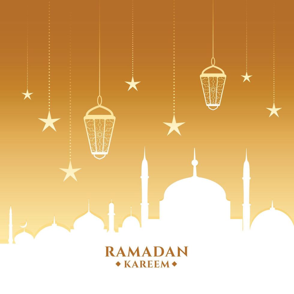 Ramadan kareem carte avec mosquée et lanternes vecteur