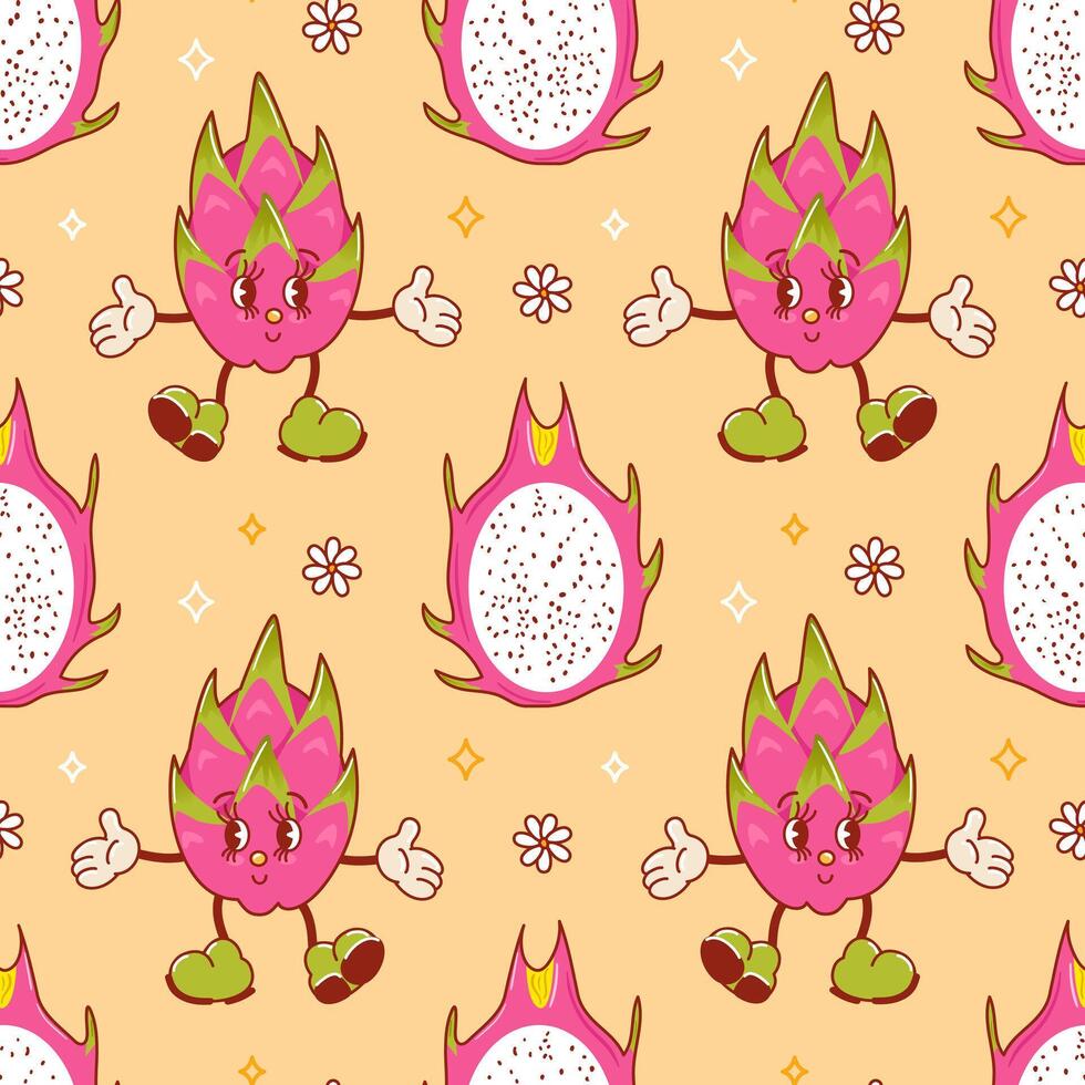 pitahaya mignonne personnage. dragon fruit sensationnel ancien été sans couture modèle. branché vieux rétro dessin animé style. années 1970. cactus. tropical exotique des fruits, feuilles. en bonne santé aliments. pour menu, café, fond d'écran. vecteur