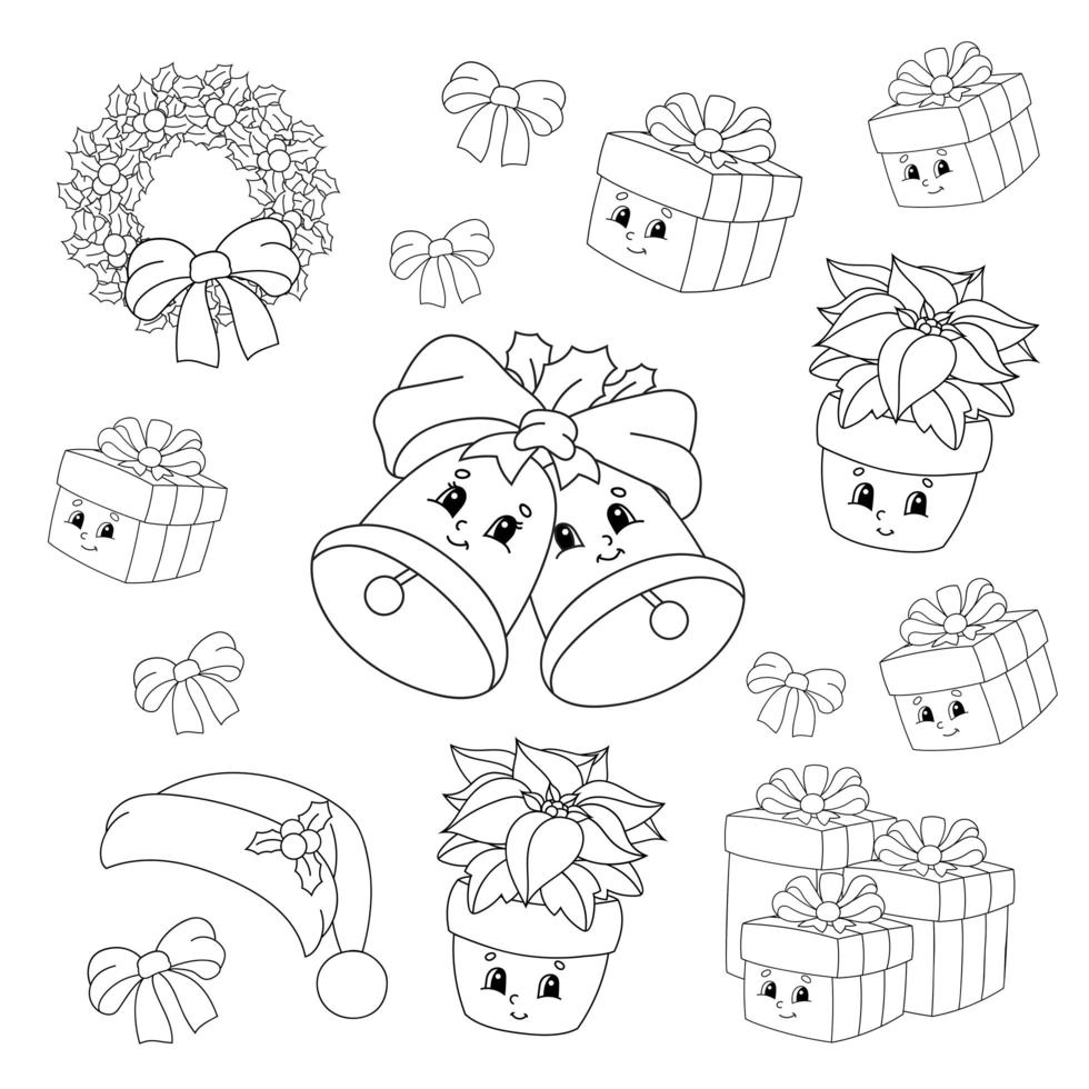 livre de coloriage pour les enfants. thème joyeux noël. personnages joyeux. illustration vectorielle. style de dessin animé mignon. silhouette de contour noir. isolé sur fond blanc. vecteur