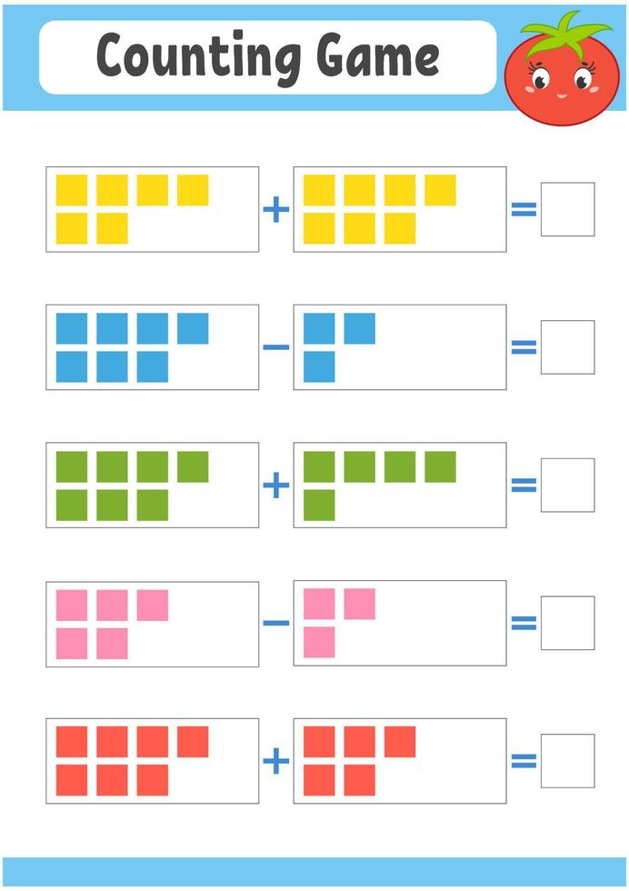 addition et soustraction. tâche pour les enfants. feuille de travail de développement de l'éducation. page couleur de l'activité. jeu pour les enfants. drôle de personnage. illustration vectorielle isolée. style de bande dessinée. vecteur