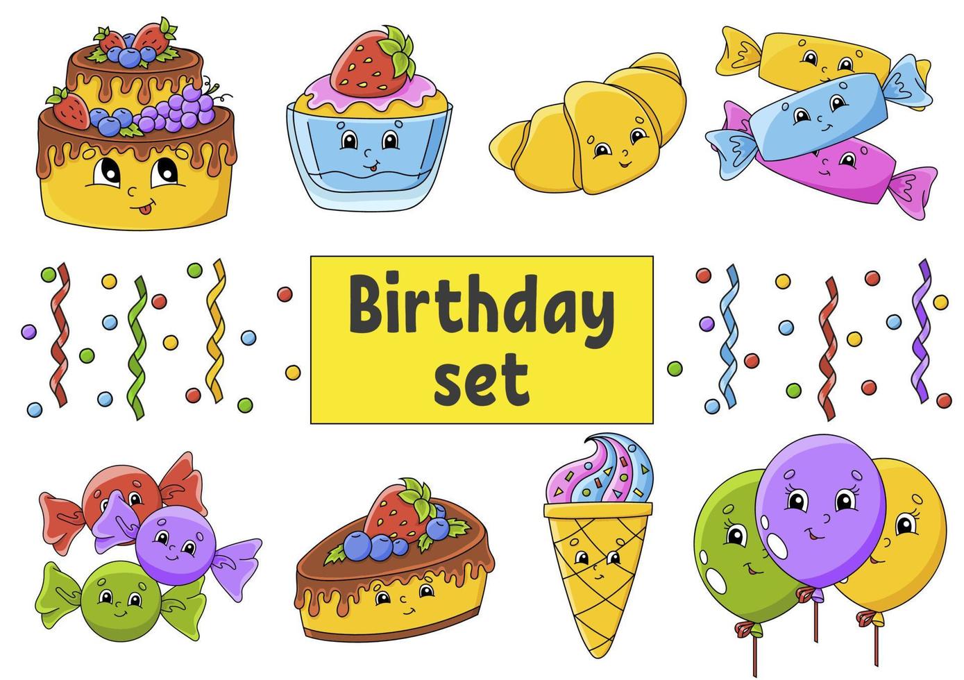 ensemble d'autocollants avec des personnages de dessins animés mignons. thème de joyeux anniversaire. dessiné à la main. pack coloré. illustration vectorielle. collection de badges de patch. éléments de conception d'étiquettes. pour planificateur quotidien, agenda, organisateur. vecteur