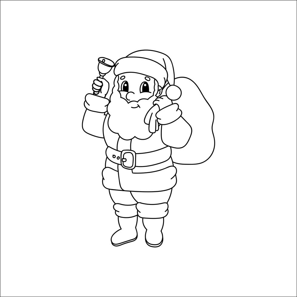 père noël avec des cadeaux. livre de coloriage pour les enfants. caractère joyeux. illustration vectorielle. style de dessin animé mignon. page fantastique pour les enfants. silhouette de contour noir. isolé sur fond blanc. vecteur