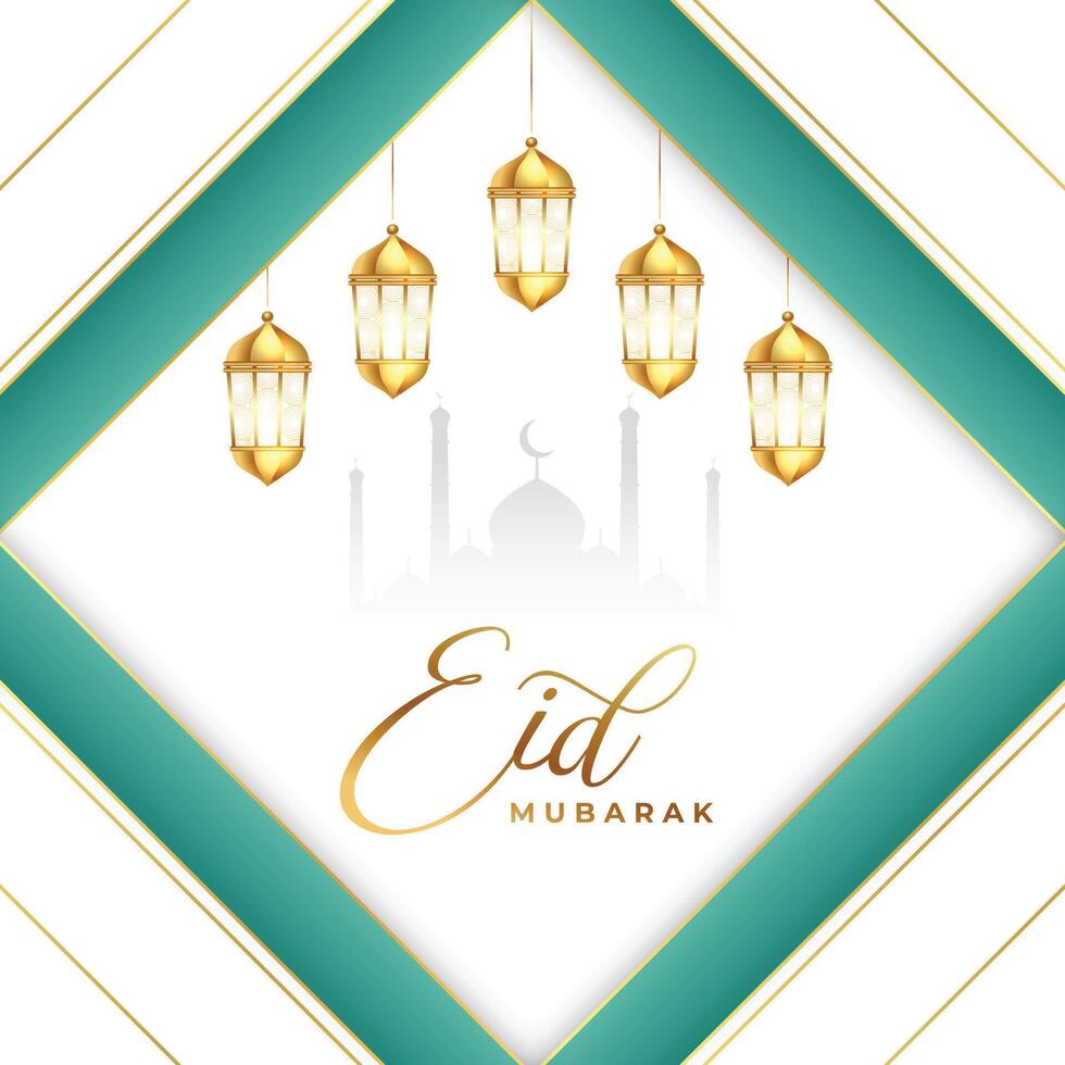 eid mubarak salutation carte avec mosquée et pendaison lanterne vecteur