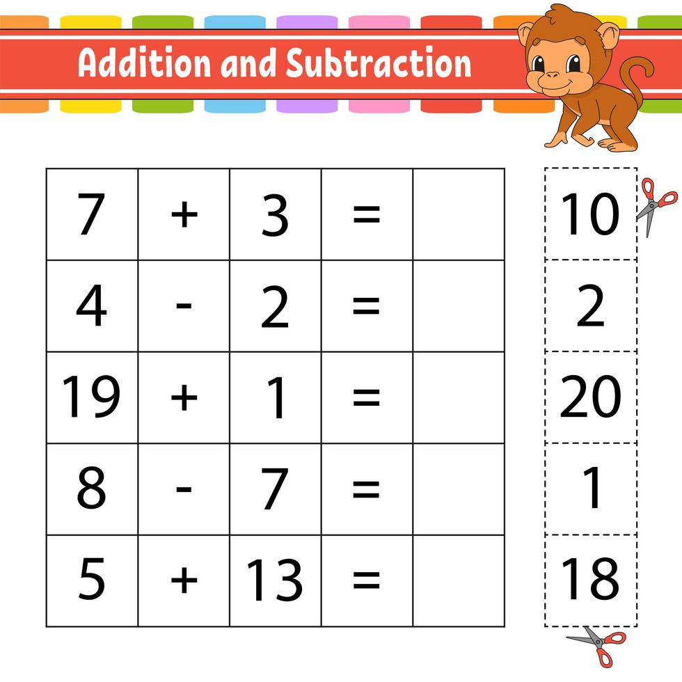 addition et soustraction. tâche pour les enfants. feuille de travail de développement de l'éducation. page d'activité. jeu pour les enfants. drôle de personnage. illustration vectorielle isolée. style de bande dessinée. vecteur