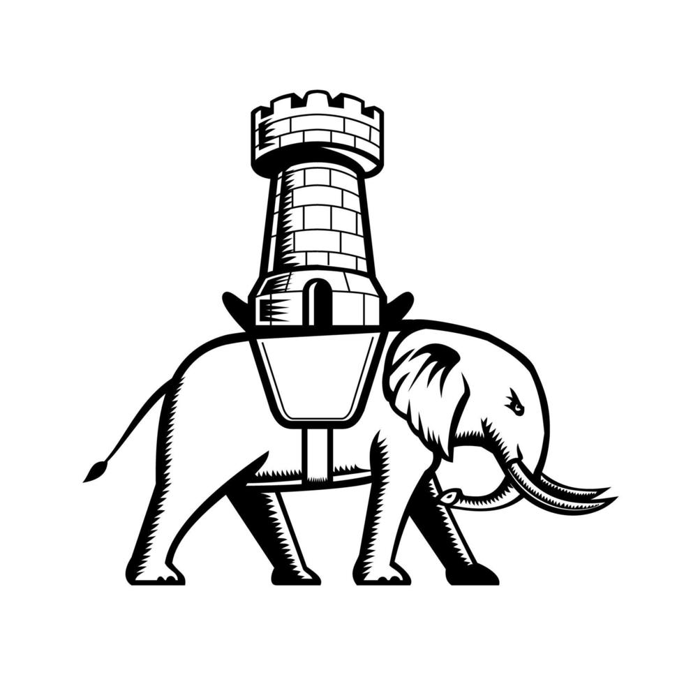 éléphant portant une selle avec château ou tour unique sur le dessus de style rétro gravure sur bois noir et blanc vecteur
