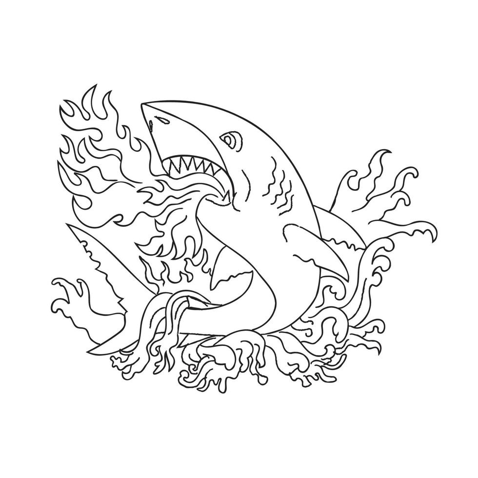 requin crachant du feu sautant avec des vagues style de tatouage vintage noir et blanc vecteur