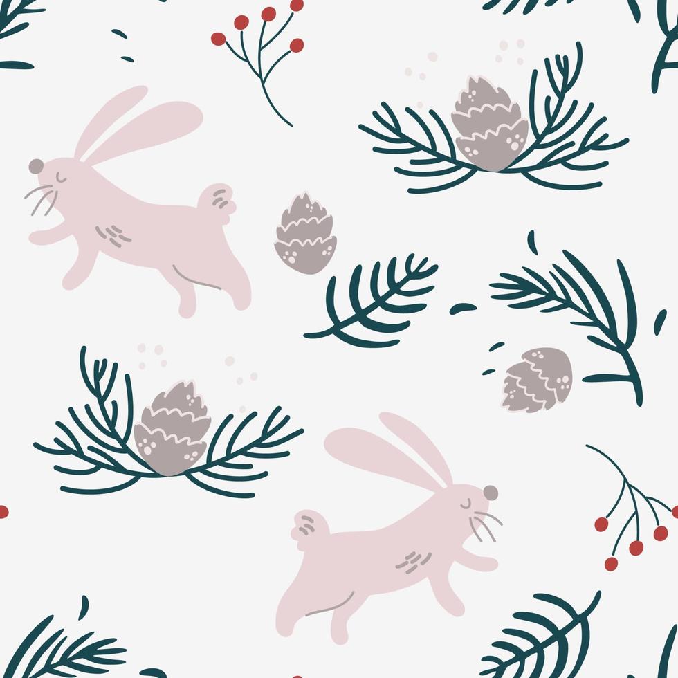 lapins, branches de sapin et modèle sans couture de cônes. fond de forêt d'hiver. beau motif répété sans couture de noël. scrapbooking, papier, tissu. vecteur main dessiner illustration de dessin animé.