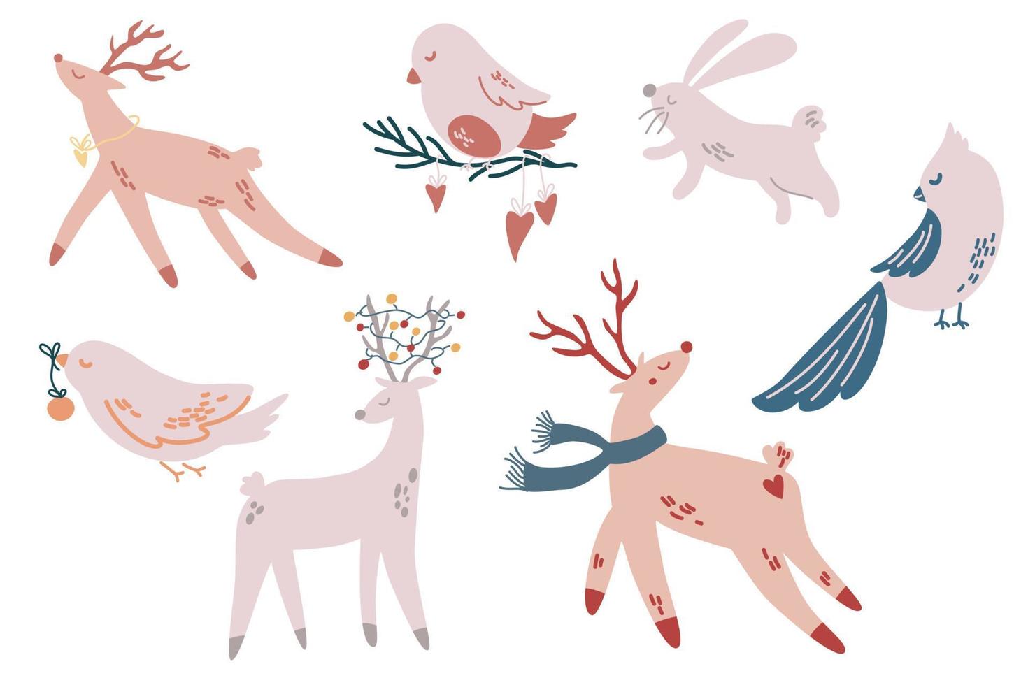 animaux de Noël. cerfs, oiseaux, lapins. personnages dessinés à la main. événement du nouvel an de la saison des vacances d'hiver. illustration vectorielle. vecteur