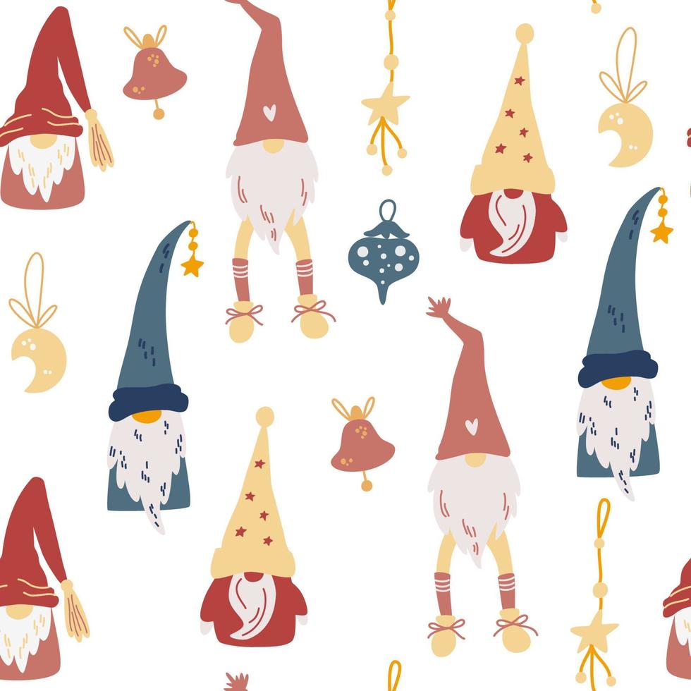 modèle sans couture de gnomes de Noël. jouets, étoiles, mois et rubans. fond répété de noël scandinave. vecteur vacances d'hiver imprimer pour textile, papier peint, tissu.