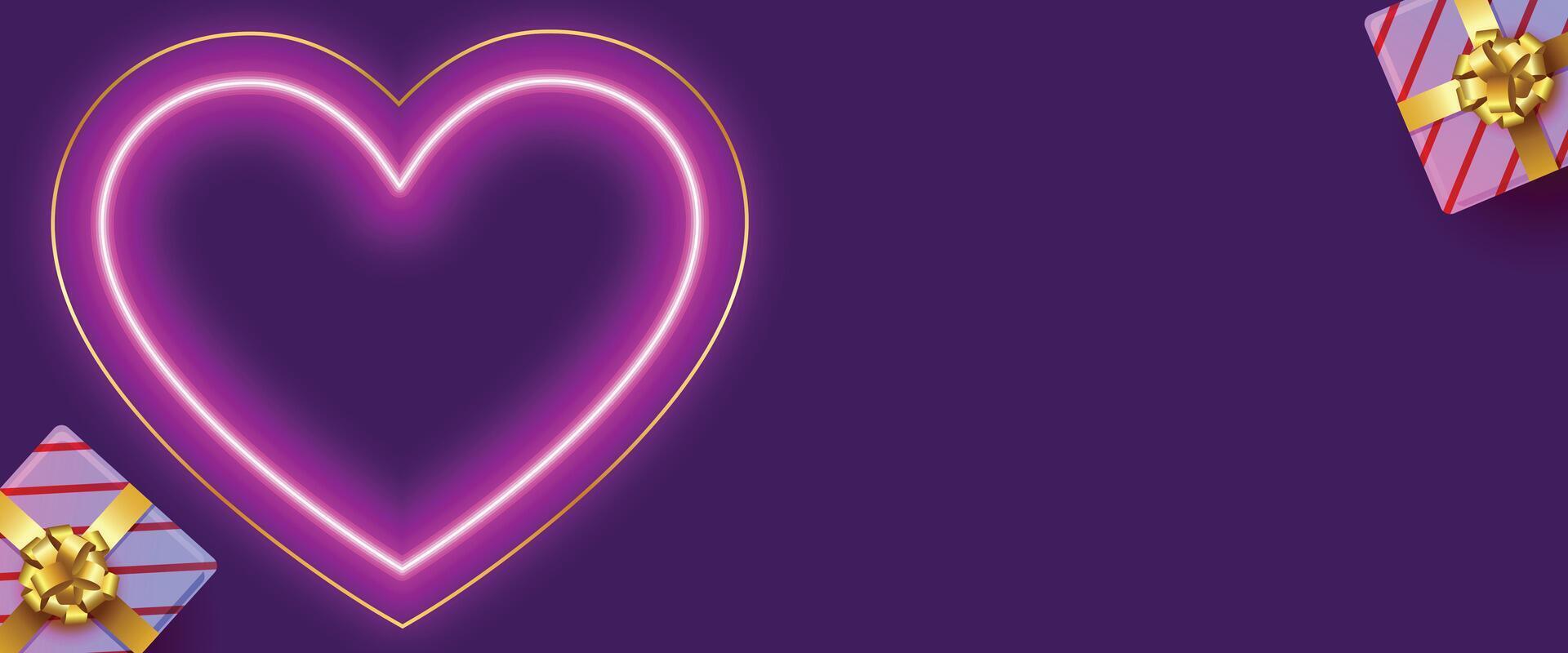 embrasé néon cœur sur violet bannière avec boite cadeau et texte espace vecteur