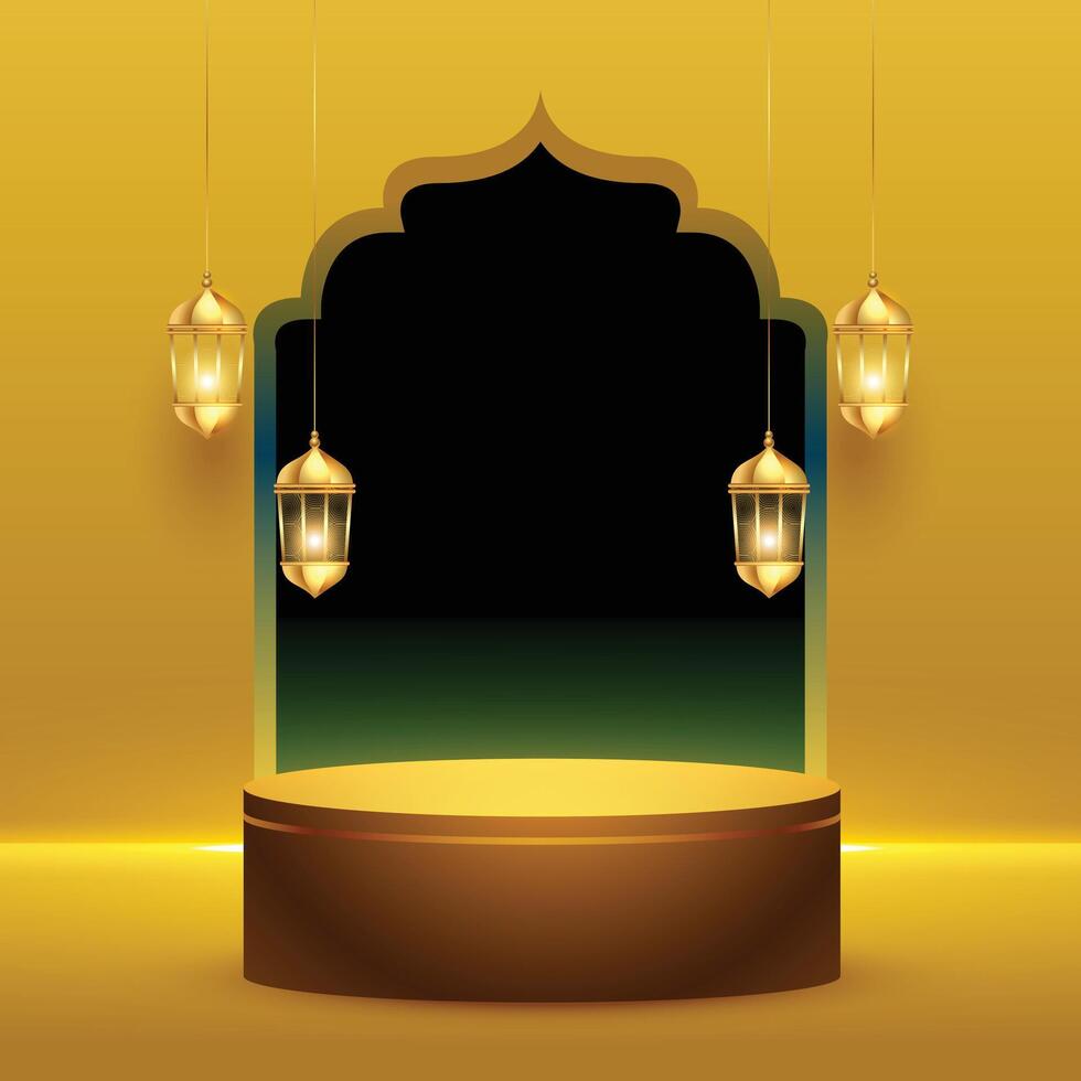 3d podium platode avec pendaison lanterne pour eid mubarak Contexte vecteur