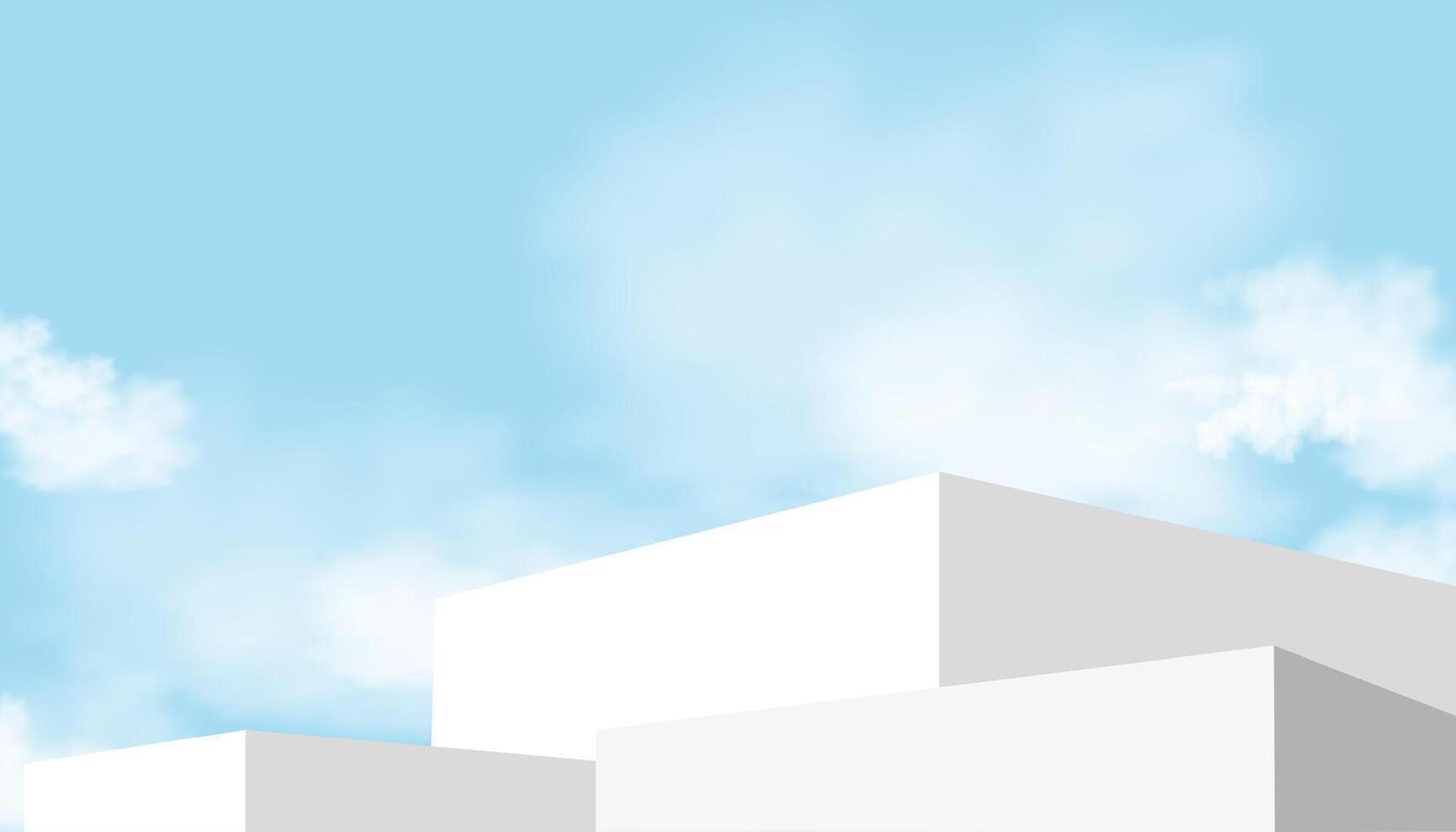 blanc podium étape sur ciel bleu et nuage arrière-plan, plate-forme 3d maquette afficher étape pour été cosmétique produit présentation pour vente, promotion, web en ligne, scène la nature printemps ciel avec bâtiment mur vecteur