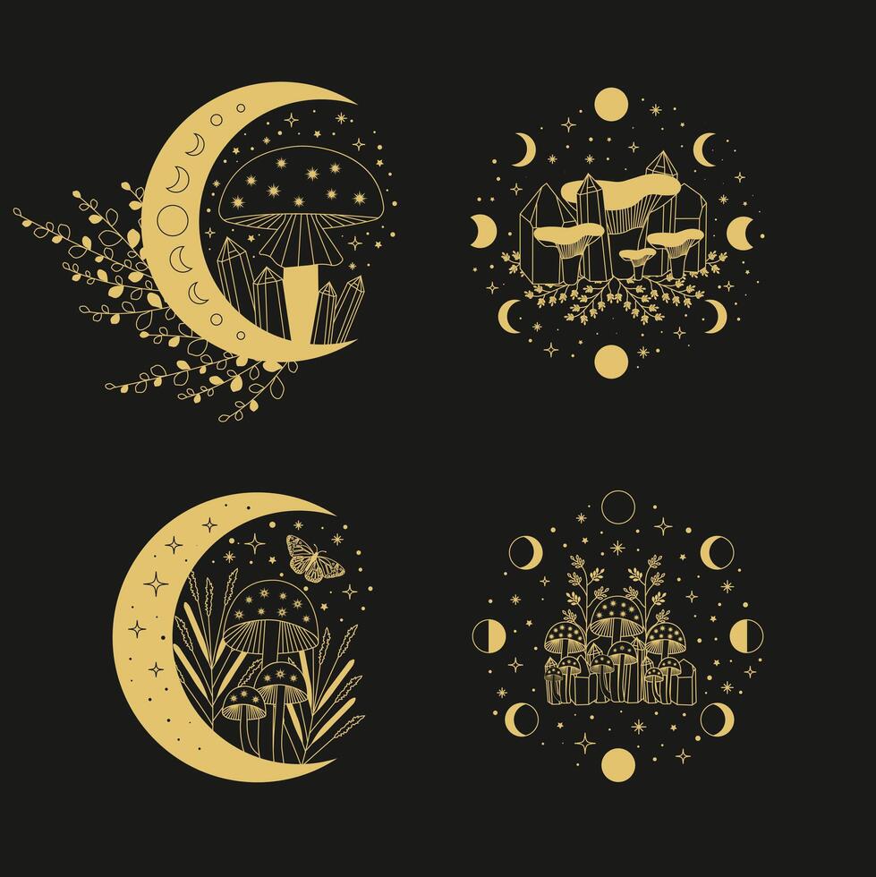 céleste mystique lune collectes. la magie et ésotérique champignons. vecteur illustrations.